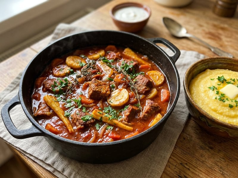 Braised pork stew with caramelized parsnips and thyme