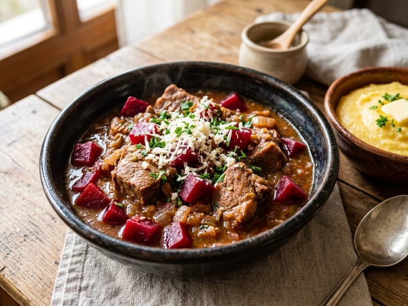 Pork stew with beetroot and horseradish