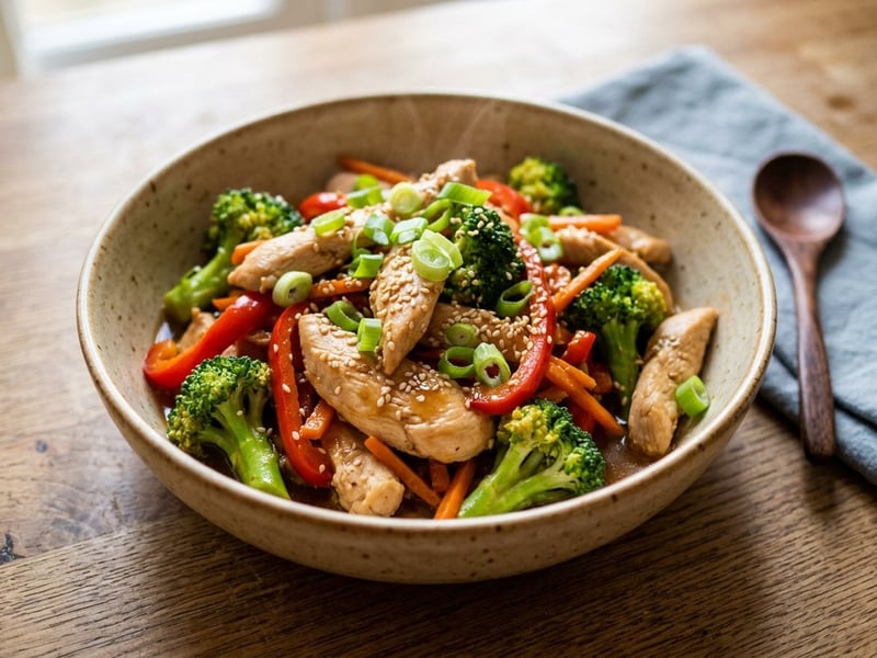 Wok chicken stir-fry with broccoli and aromatic soy sauce