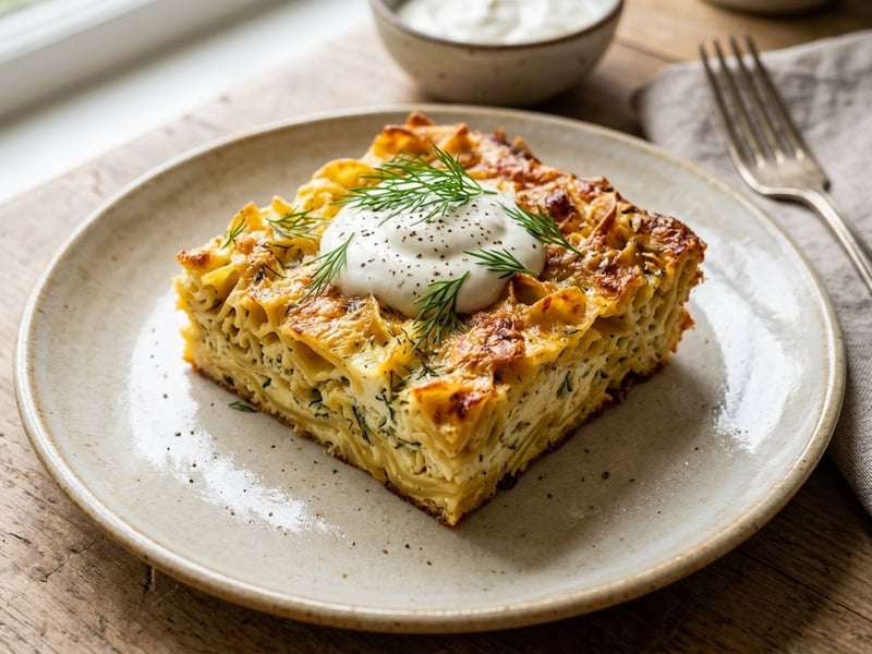 Baked noodles with telemea and dill | Homemade brunch