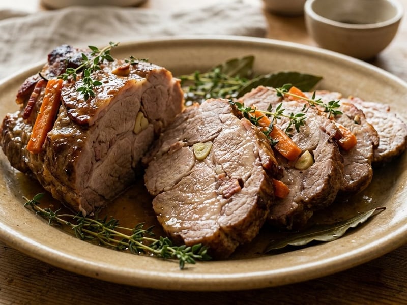 Oven-roasted pork neck studded with garlic and smoked bacon