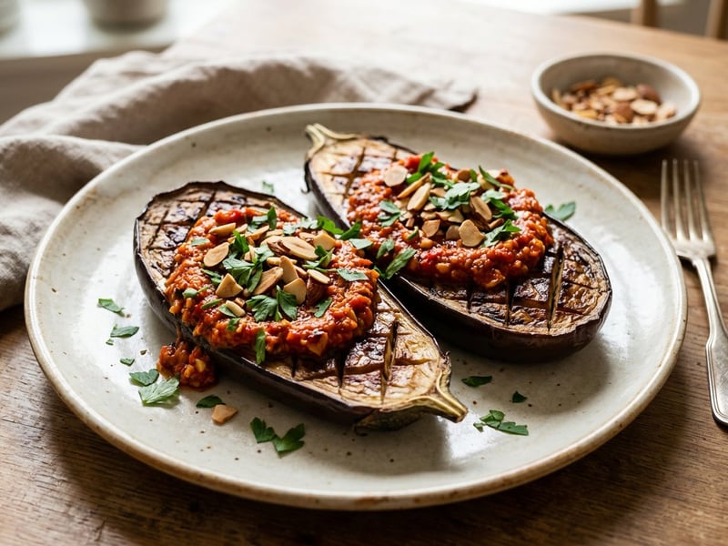 Baked Aubergines with Romesco Sauce and Almonds | Catalan Flavour