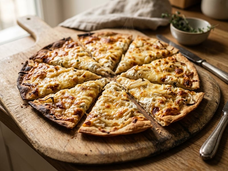 Tarte Flambée Gratinée with Gruyère Cheese | Crispy Alsatian Flatbread
