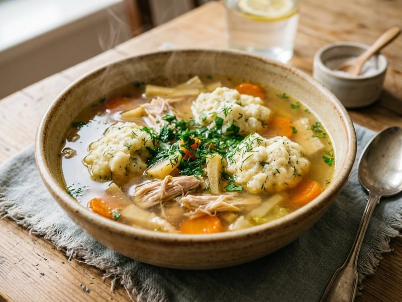 Chicken soup with cottage cheese and dill dumplings