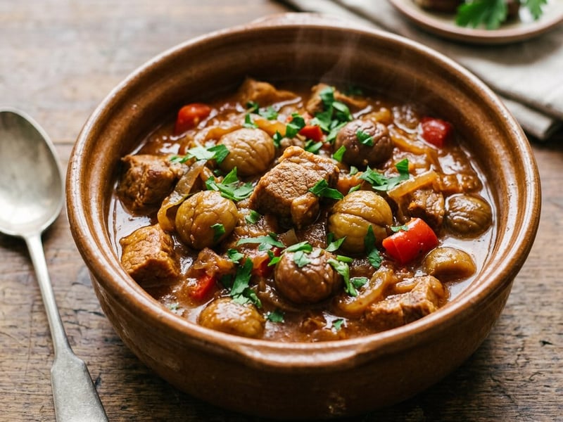 Pork stew with chestnuts and red wine