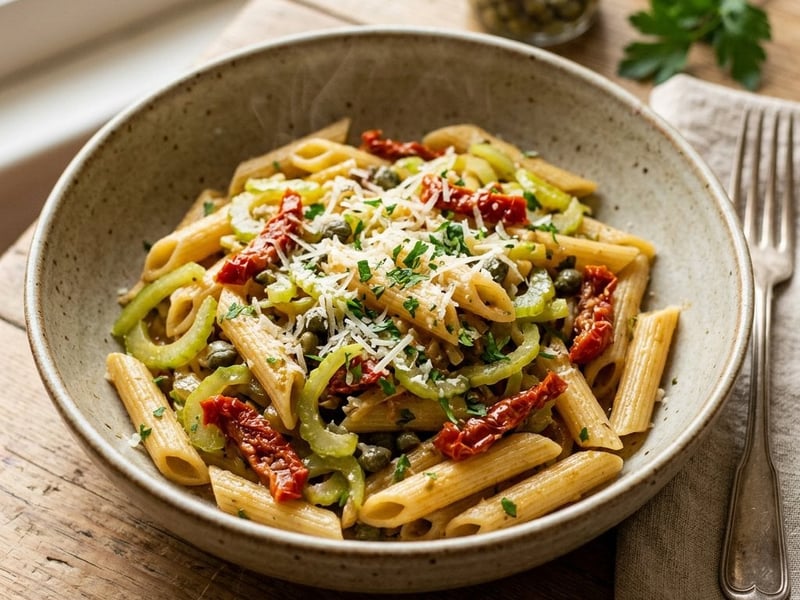 Penne with Celery, Sun-Dried Tomatoes, and Capers | Quick Dinner