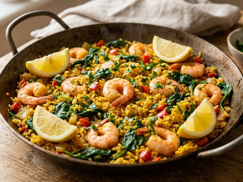 Arroz con gambas y espinacas | Spanish rice with prawns and spinach