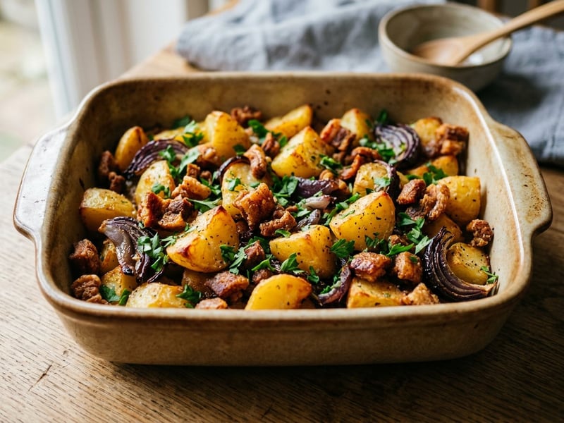 Roast Potatoes with Pork Cracklings and Red Onion | Golden and Fragrant