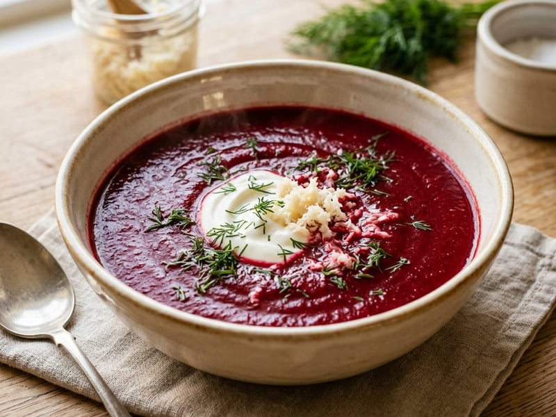 Cream of beetroot soup with horseradish and fresh dill