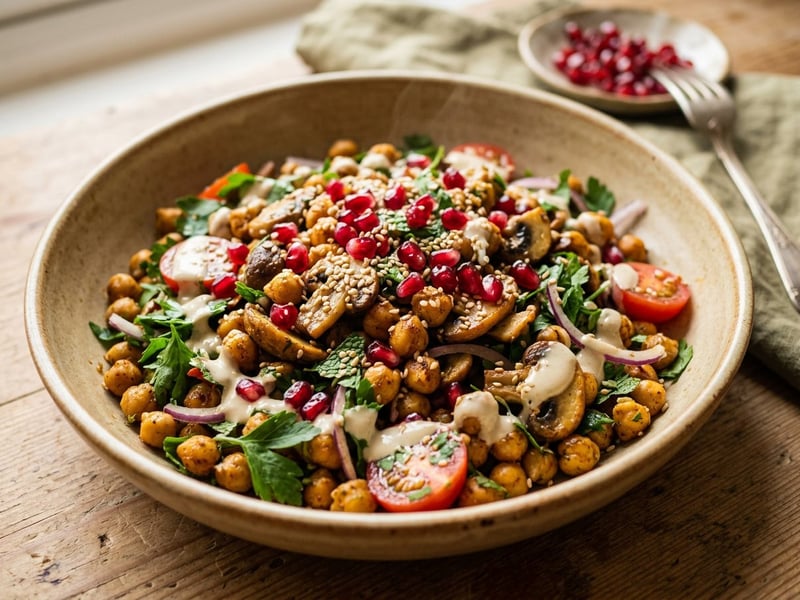Salată caldă de năut și ciuperci cu tahini | Prânz oriental sățios