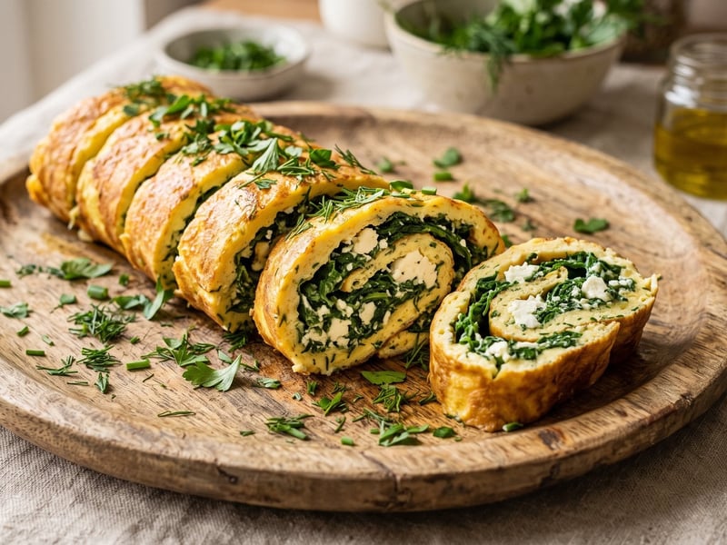 Ruladă de omletă cu spanac și telemea | Brunch pufos