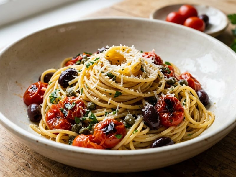 Spaghetti all'Eoliana | Clasic sicilian cu roșii cherry, măsline și capere
