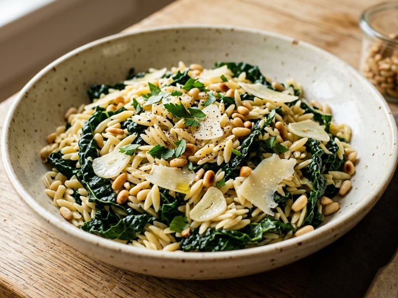 Tuscan orzo salad with sautéed kale and pine nuts | Autumn lunch