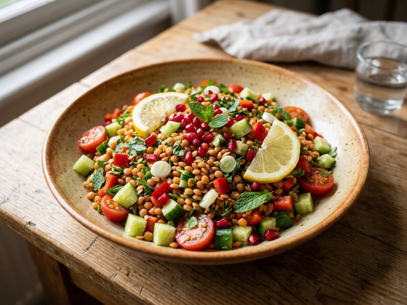 Oriental red lentil salad with pomegranate and fresh herbs