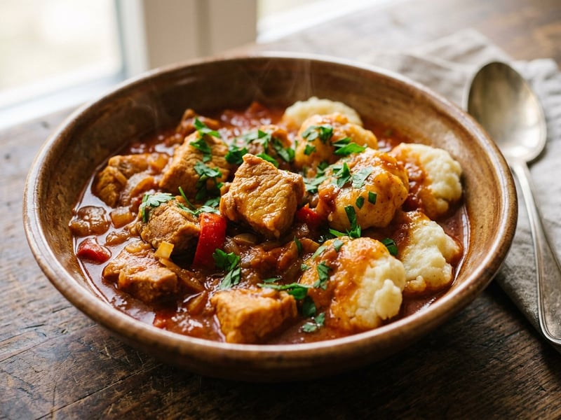 Transylvanian pork stew with potato dumplings