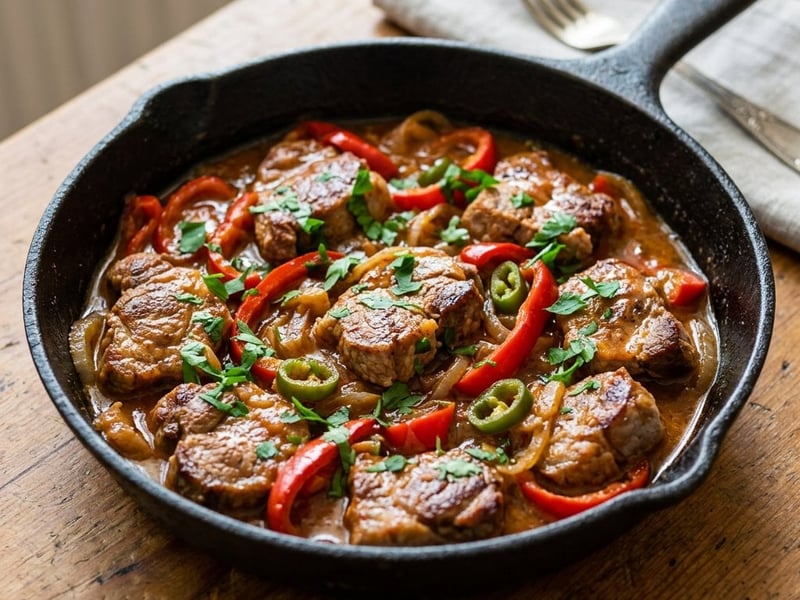 Outlaw-style pork skillet with vegetables and white wine