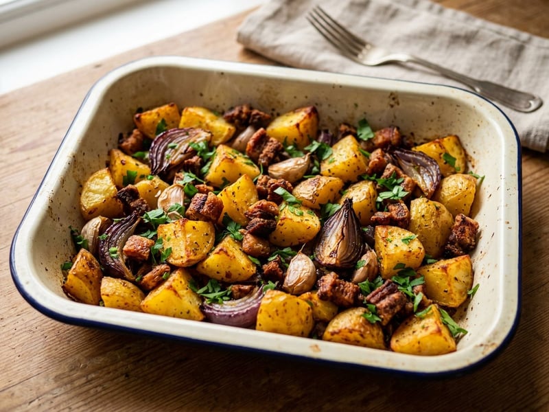 Transylvanian Baked Potatoes with Pork Cracklings and Red Onion | Golden and Aromatic