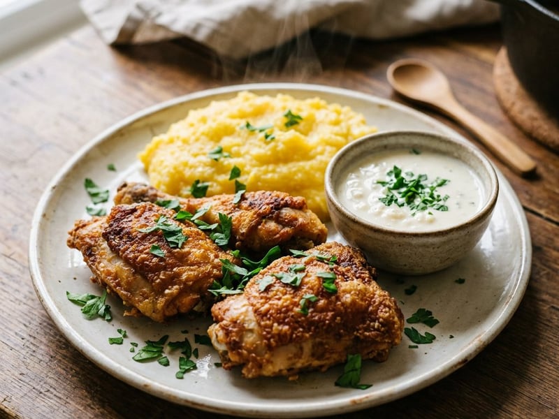 Crispy cauldron chicken with garlic sauce and polenta