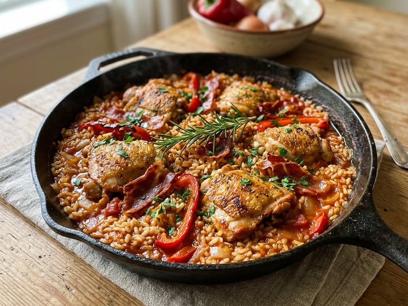Arroz con pollo al chilindrón | Orez spaniol cu pui și sos chilindrón la oală
