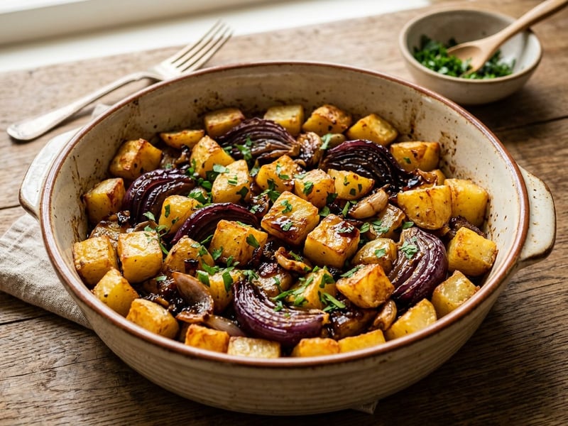 Cartofi copți cu ceapă roșie și glazură de oțet balsamic