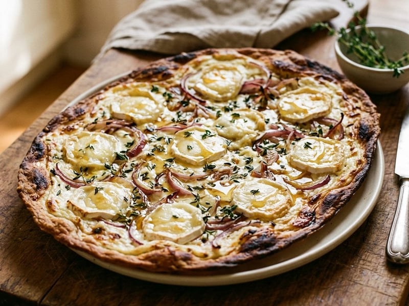 Tarte Flambée with Goat Cheese and Red Onion | Crispy Alsatian Flatbread