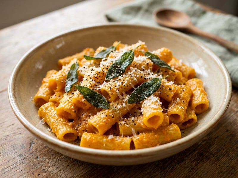Rigatoni cu cremă de cartofi dulci și salvie crocantă