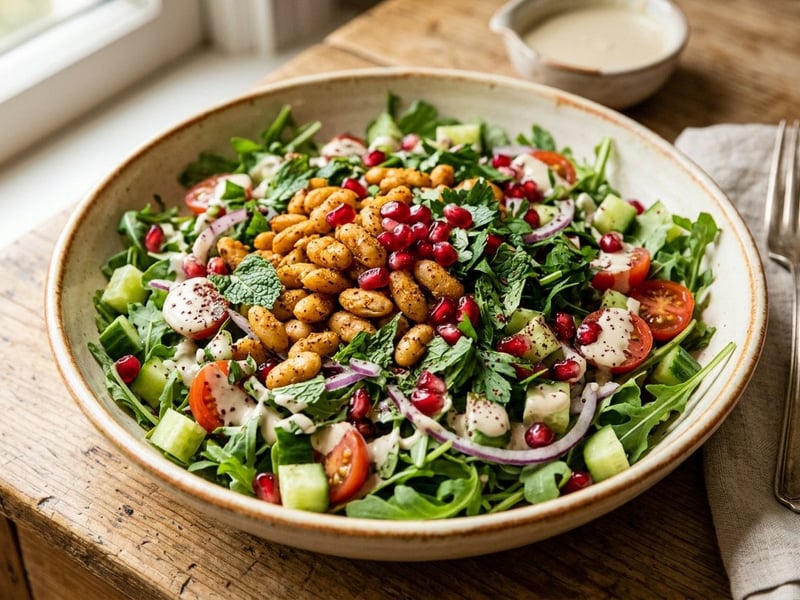 Salată orientală cu fasole albă crocantă și tahini | Prânz sățios