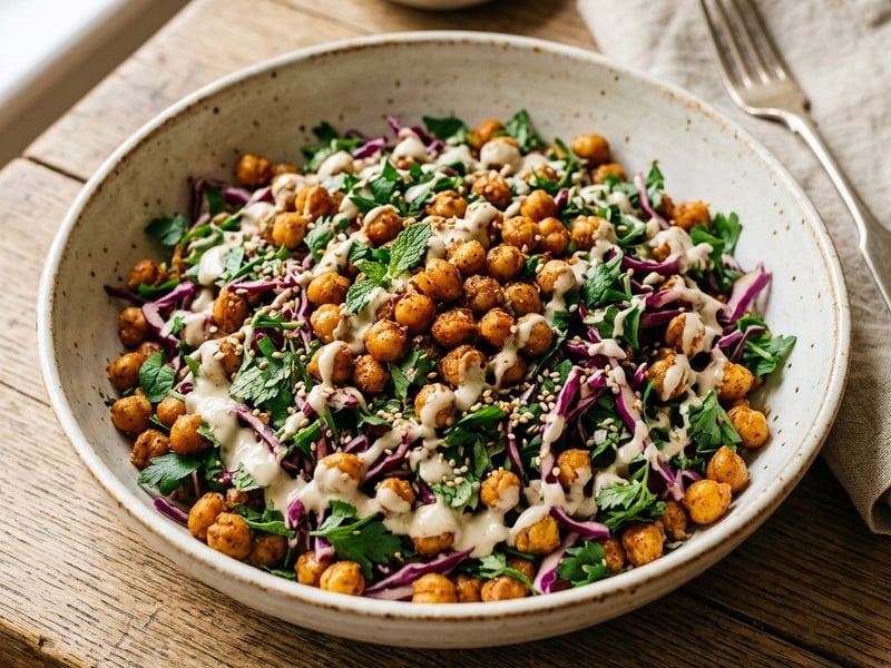 Salată orientală de năut crocant cu varză roșie și tahini