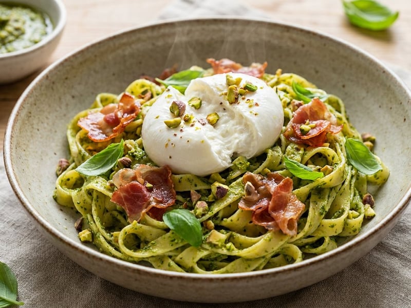 Tagliatelle cu pesto de fistic și burrata