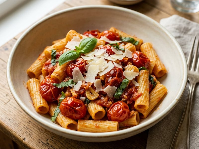 Rigatoni cu roșii cherry coapte și parmezan