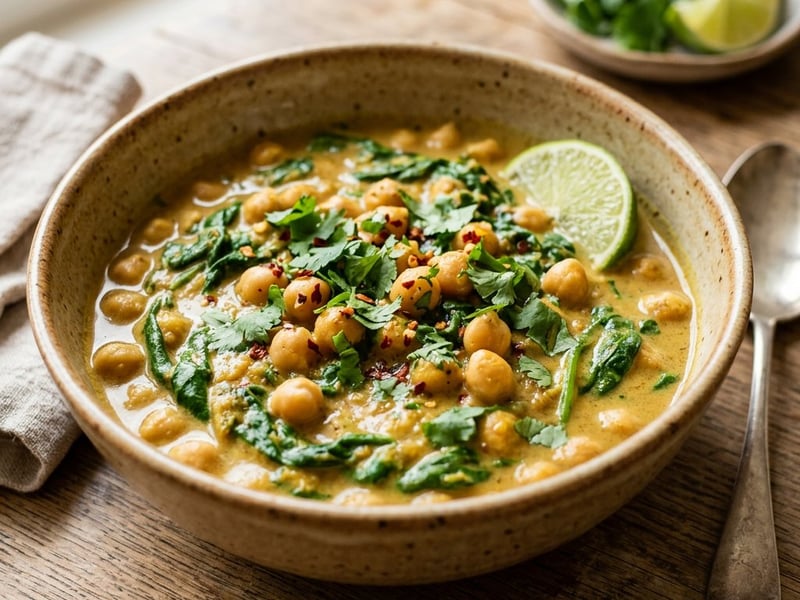 Curry vegan aromat de năut cu spanac și lapte de cocos