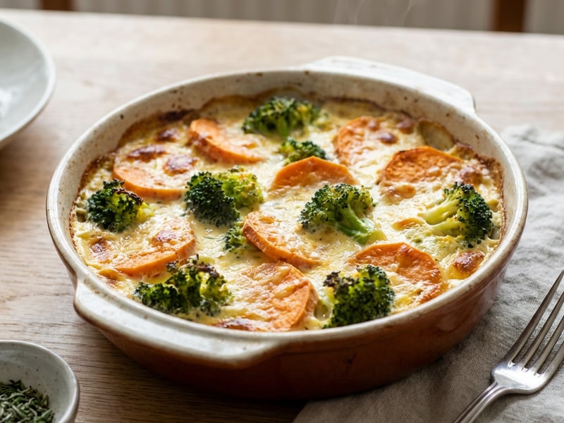 Baked Broccoli with Sweet Potatoes and Cream