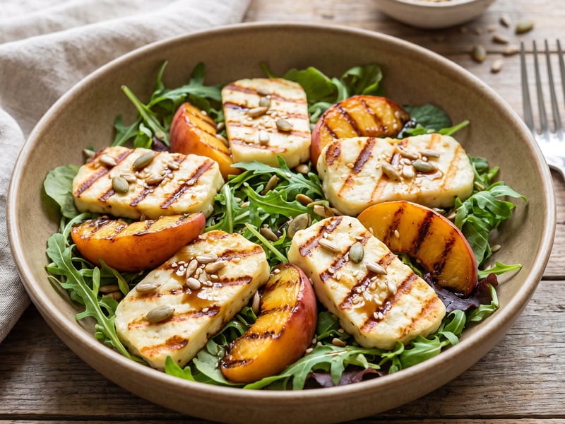 Salată verde cu brânză Halloumi la grătar şi piersici