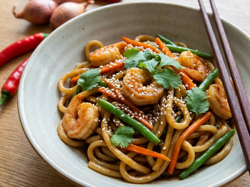 Udon Noodles with Shrimp and Vegetables