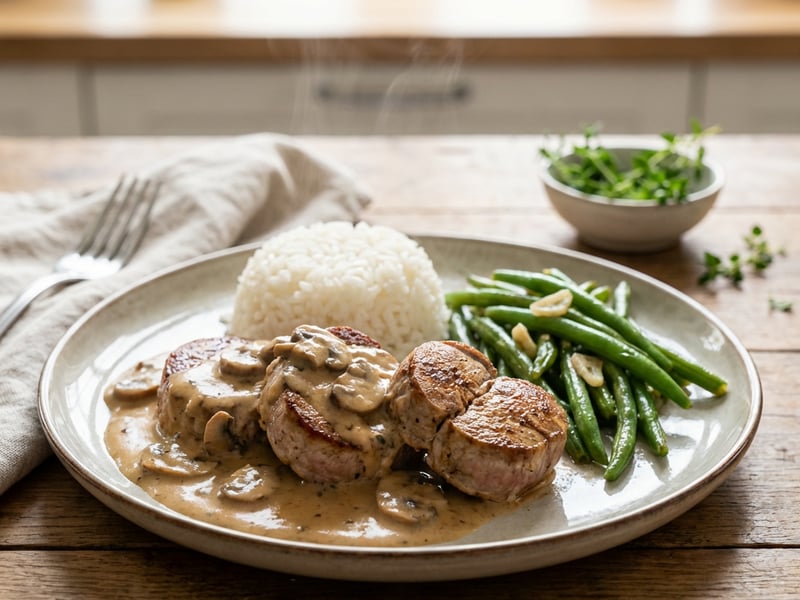 Pork tenderloin with mushrooms and green beans