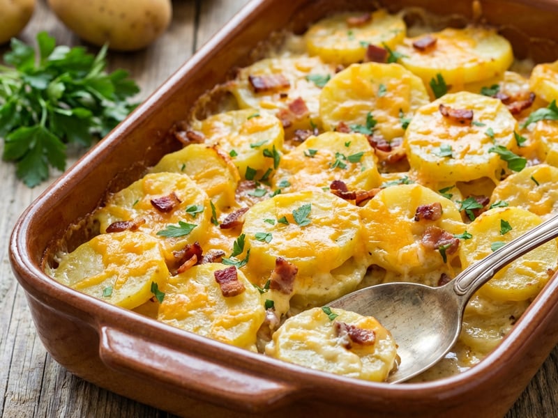 Potato gratin with cheese and smoked bacon