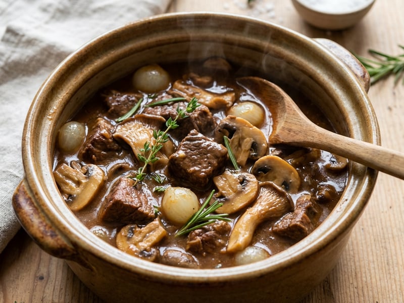 Beef stew with mushrooms and herbs
