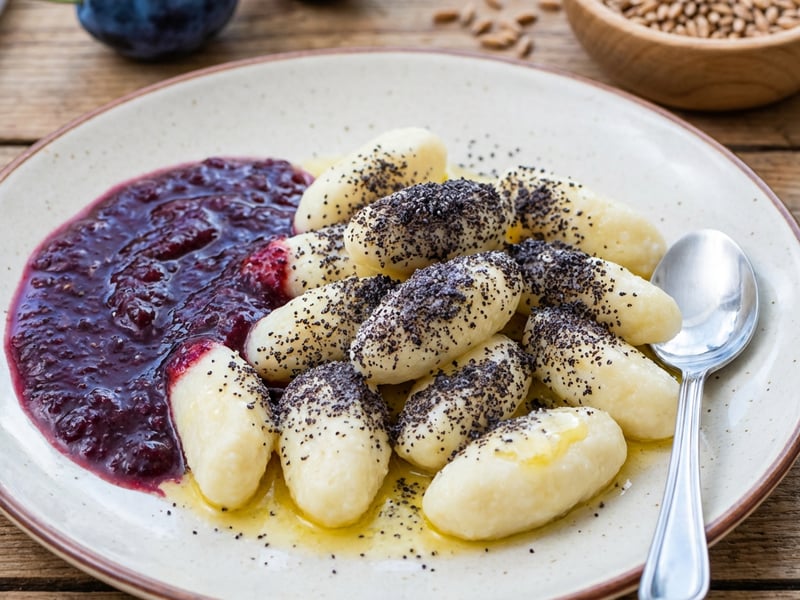 Healthy Cheese Dumplings with Poppy Seeds and Plum Sauce