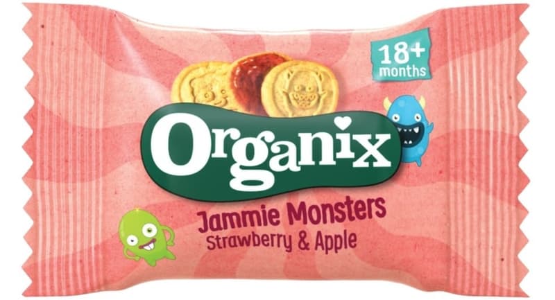 Organix Jammie Monsters ECO Biscuiti cu umplutura de capsune si mere +18 luni