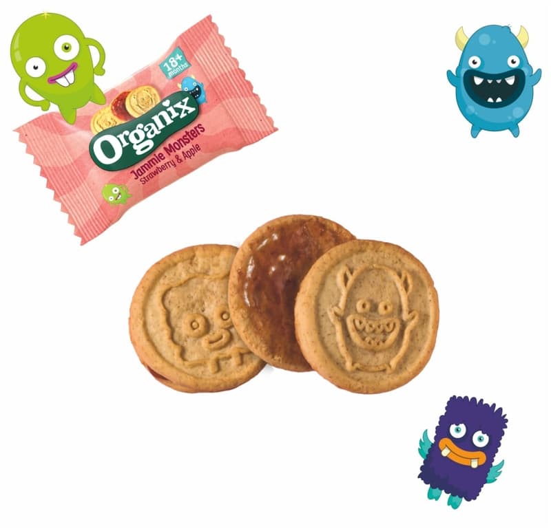 Organix Jammie Monsters ECO Biscuiti cu umplutura de capsune si mere +18 luni