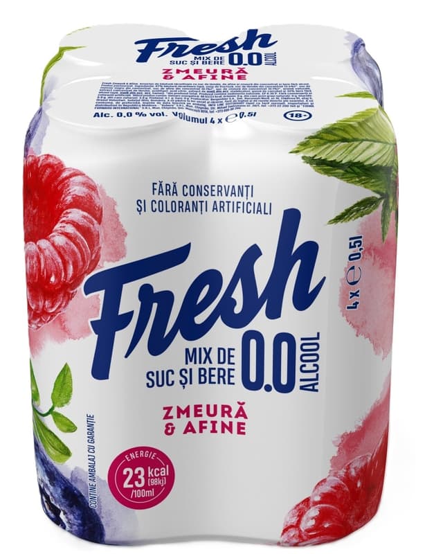 Fresh 0.0 Bere fara alcool mix cu suc de zmeura si afine doza 4 pack