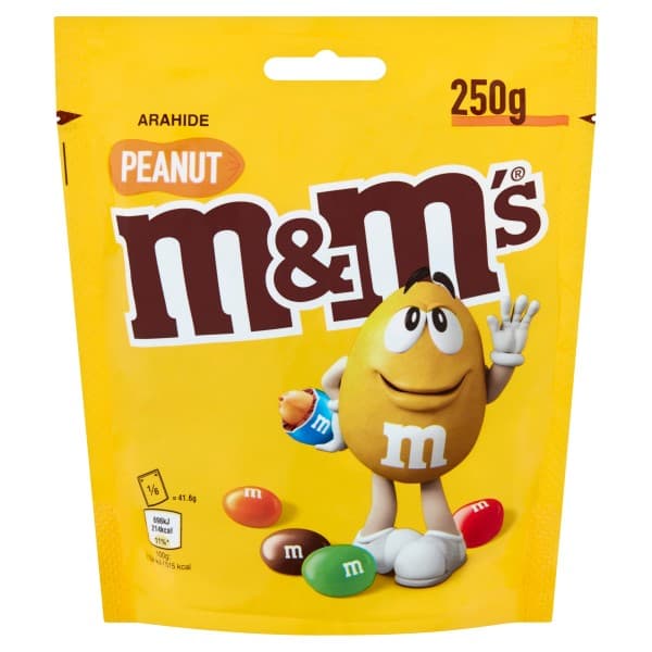 M&M's Peanut arahide invelite in ciocolata cu lapte, cu glazura crocanta si colorata