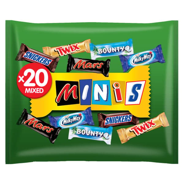 Minis Mix with Mini Milk Chocolate Bars Snickers, Mars, Twix, Bounty, Milky Way