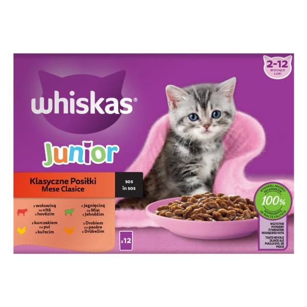 Whiskas Junior Wet Food for Junior Cats, Classic Selection in Meat Sauce 12 x 85 g