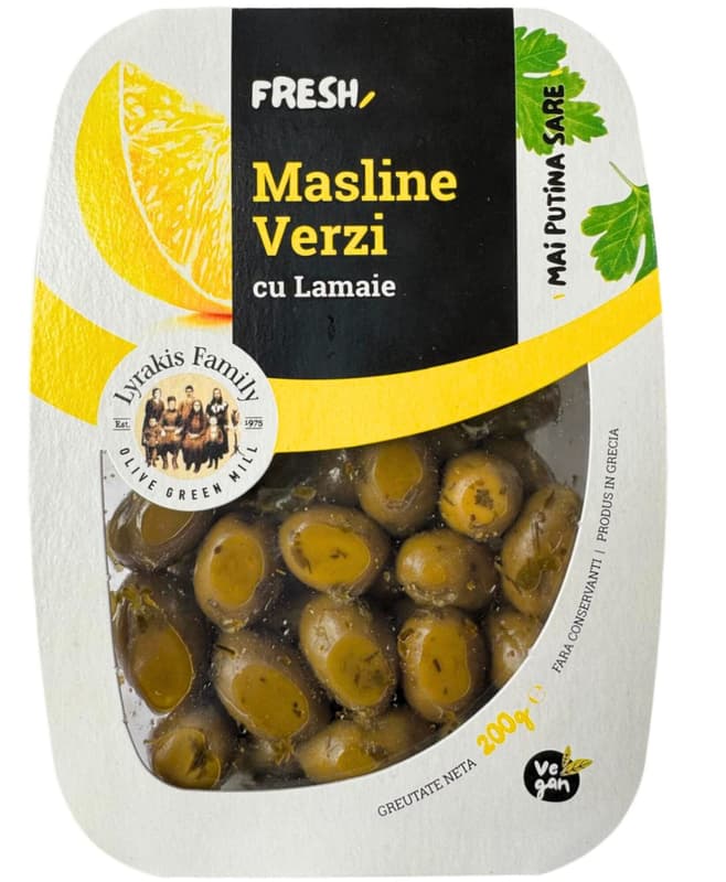 Lyrakis Masline verzi cu lamaie marinate in ulei de masline extra virgin