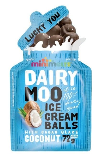Minimelts Dairy Moo Coconut Ice Cream Balls with Chocolate Glaze
