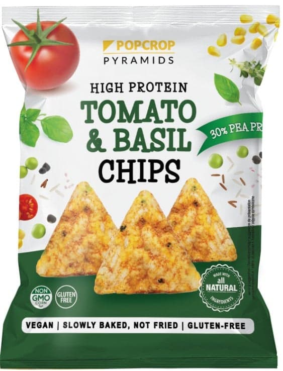 Popcrop Pea Protein Chips with Tomato and Basil Flavor