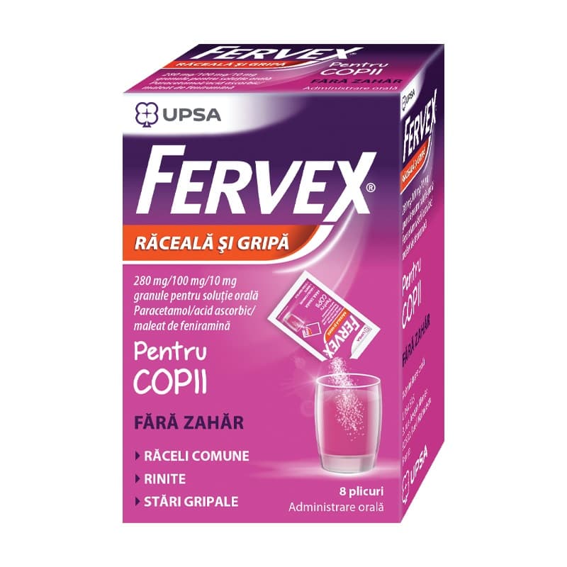 Fervex Raceala Si Gripa Pentru Copii Fara Zahar, 280mg/100mg/10mg, 8 Plicuri