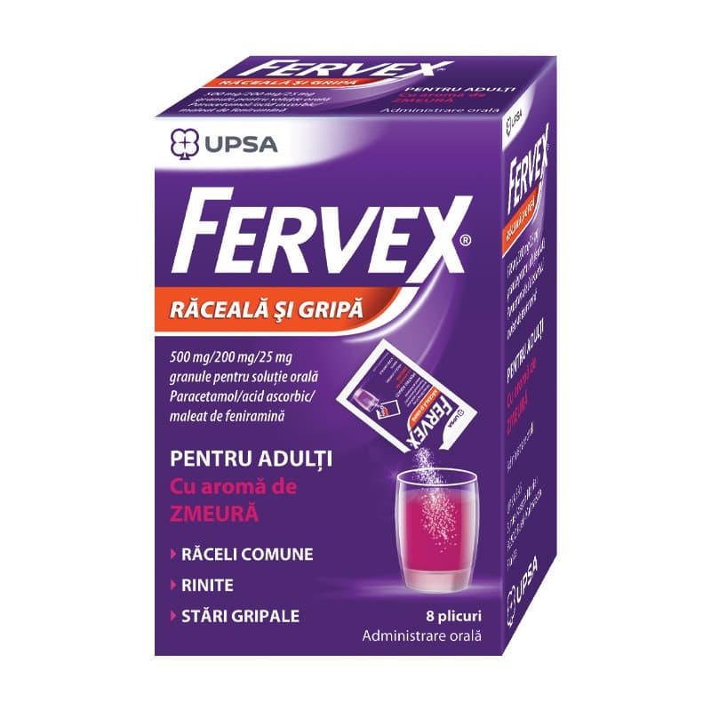 Fervex Raceala Si Gripa Pentru Adulti Cu Aroma De Zmeura, 500mg/200mg/25mg, 8 Plicuri
