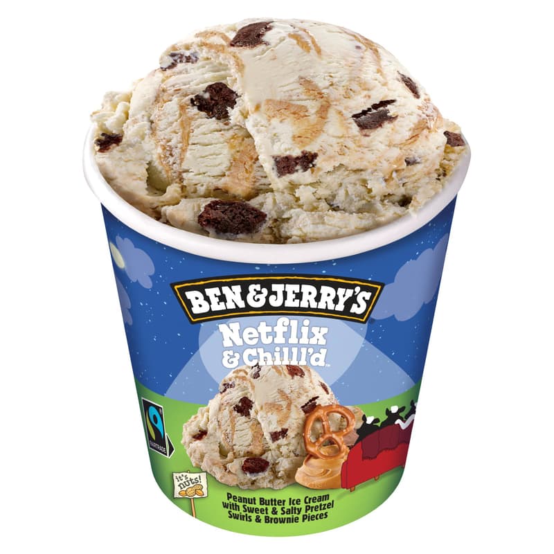 Ben&Jerry's Netflix&Chill'd Inghetata cu unt de arahide, pasta cu bucatele dulci si sarate de covrig si bucatele de negresa